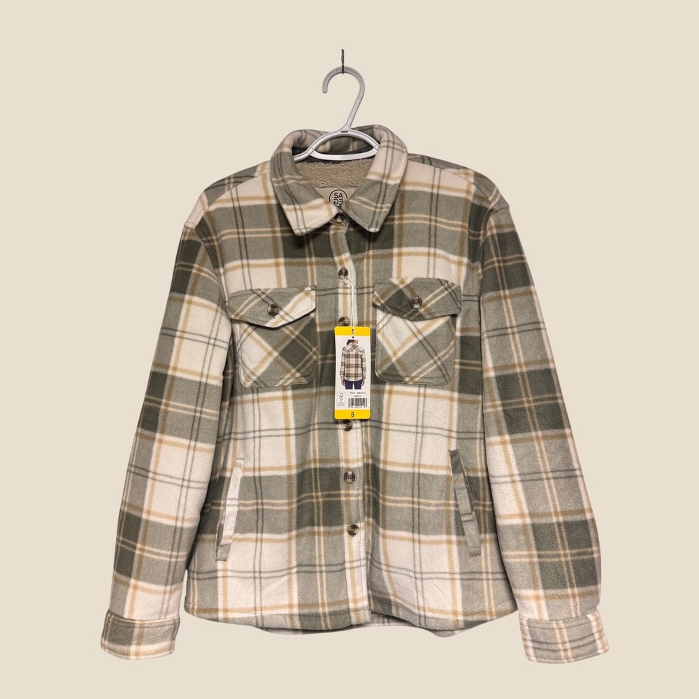 Sage Collective Women Green Plaid Faux Fur Lined Fleece‎ Shacket Shirt Jacket S